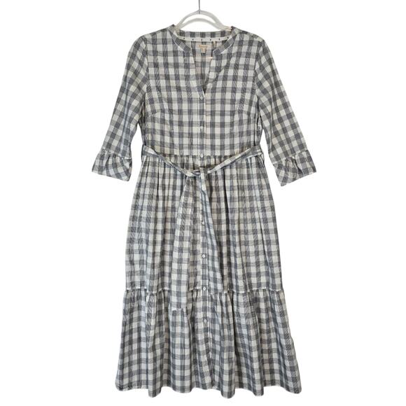 Barbour Seamills Gingham Check Midi Dress Navy White Ruffle Belted Button NWOT 6 - Picture 2 of 11